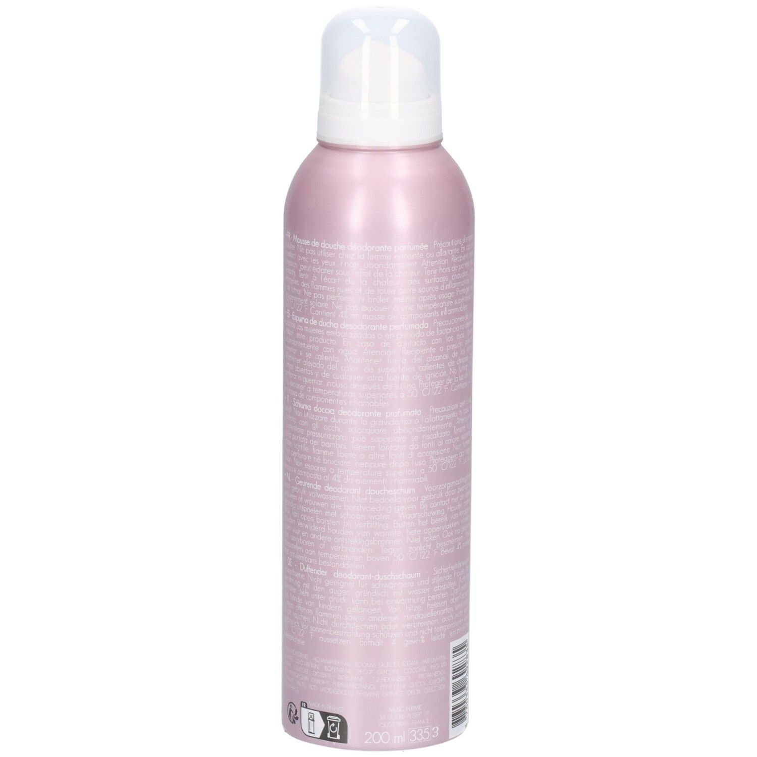 Flacon de déodorant douche rose, vue latérale. Pompe blanche. Texte sur le flacon.