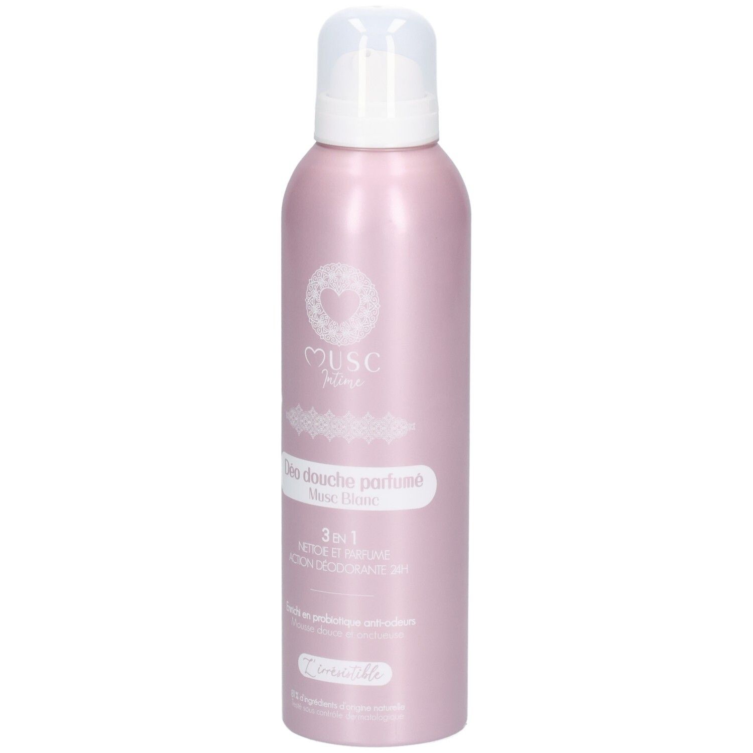 Flacon rose de déodorant douche avec pompe blanche. Inscription: Musc, Déodorant Douche parfumé, 3en1. Nom du produit: Musc Blanc.