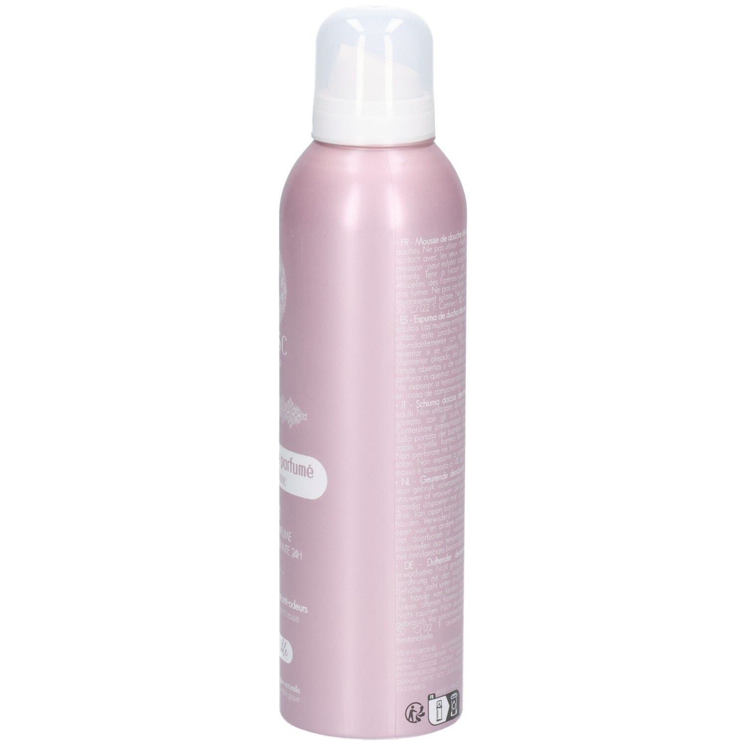 Flacon de déodorant douche rose, vue latérale. Pompe blanche. Texte sur le flacon.