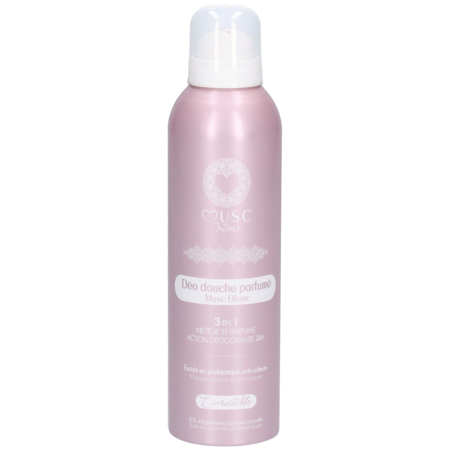 Flacon rose de déodorant douche avec pompe blanche. Inscription: Musc, Déodorant Douche parfumé, 3en1. Nom du produit: Musc Blanc.