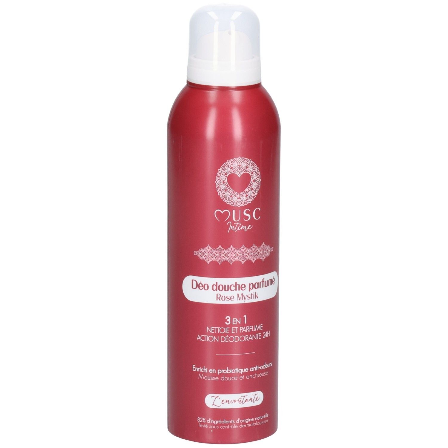 Flacon rouge avec bouchon blanc. Inscription: Musc Intime, Déo douche parfumé Rose Mystik. 3 en 1.