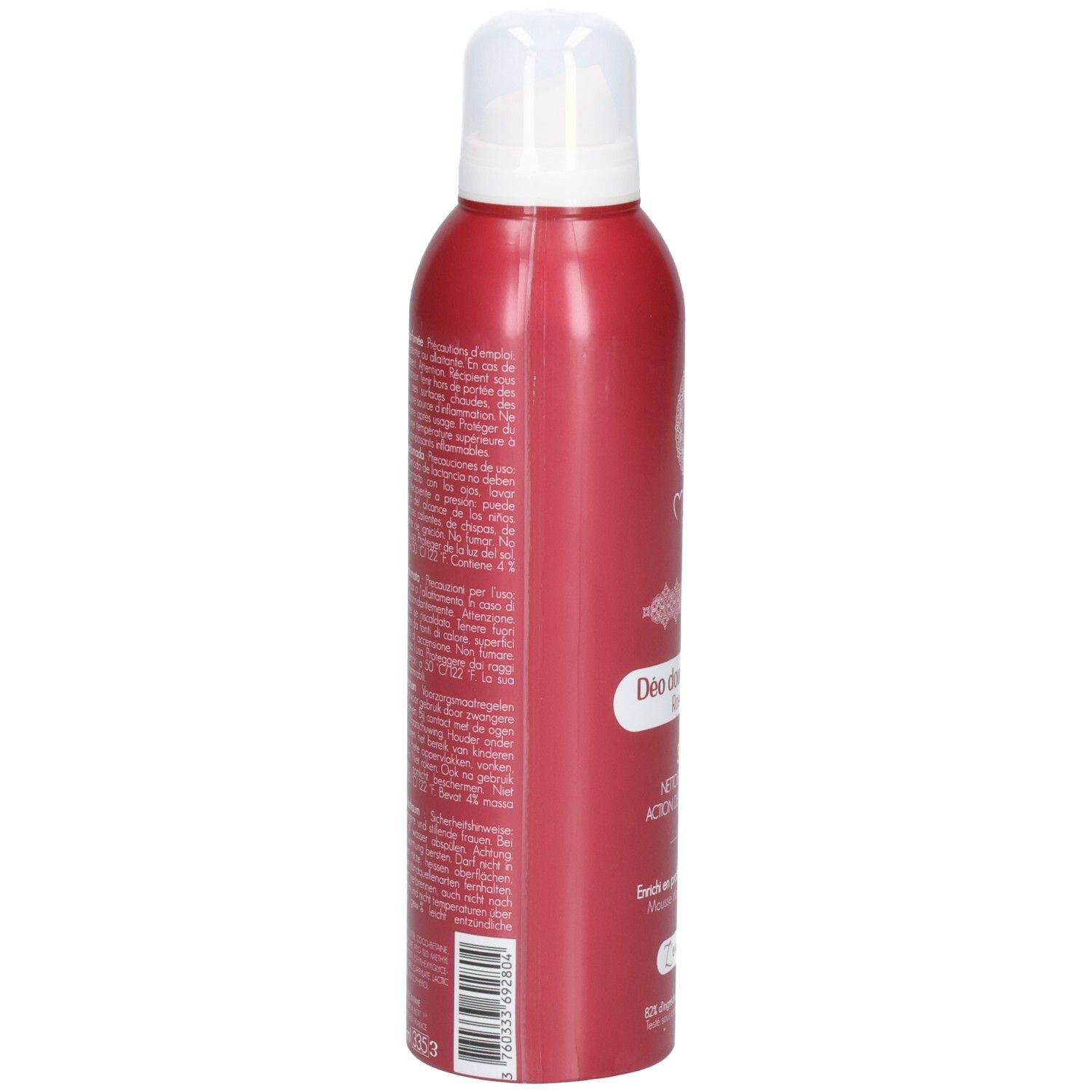 Flacon rouge avec bouchon blanc. Texte au dos. Nom du produit: Déo douche parfumé Rose Mystik.