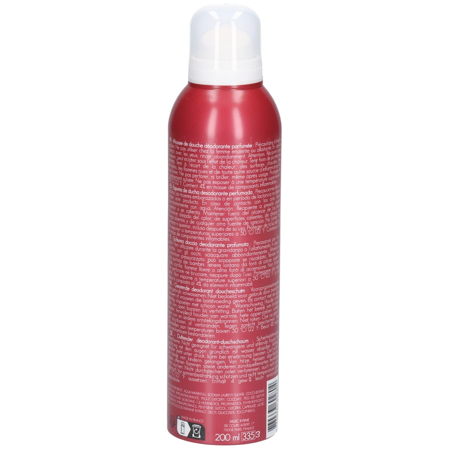 Flacon rouge avec bouchon blanc. Dos avec texte. Volume: 200 ml.