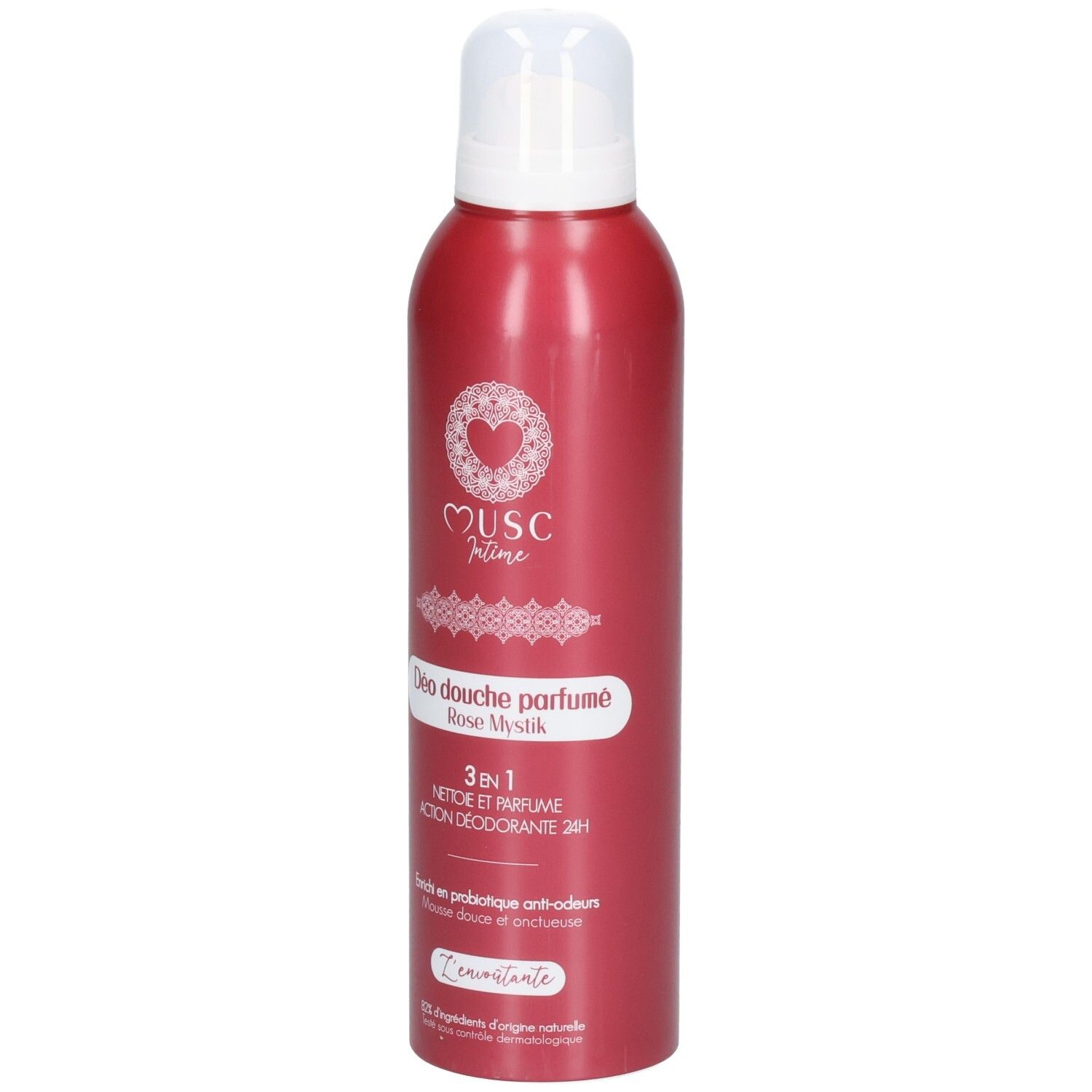 Flacon rouge avec bouchon blanc. Inscription: Musc Intime, Déo douche parfumé Rose Mystik. 3 en 1.