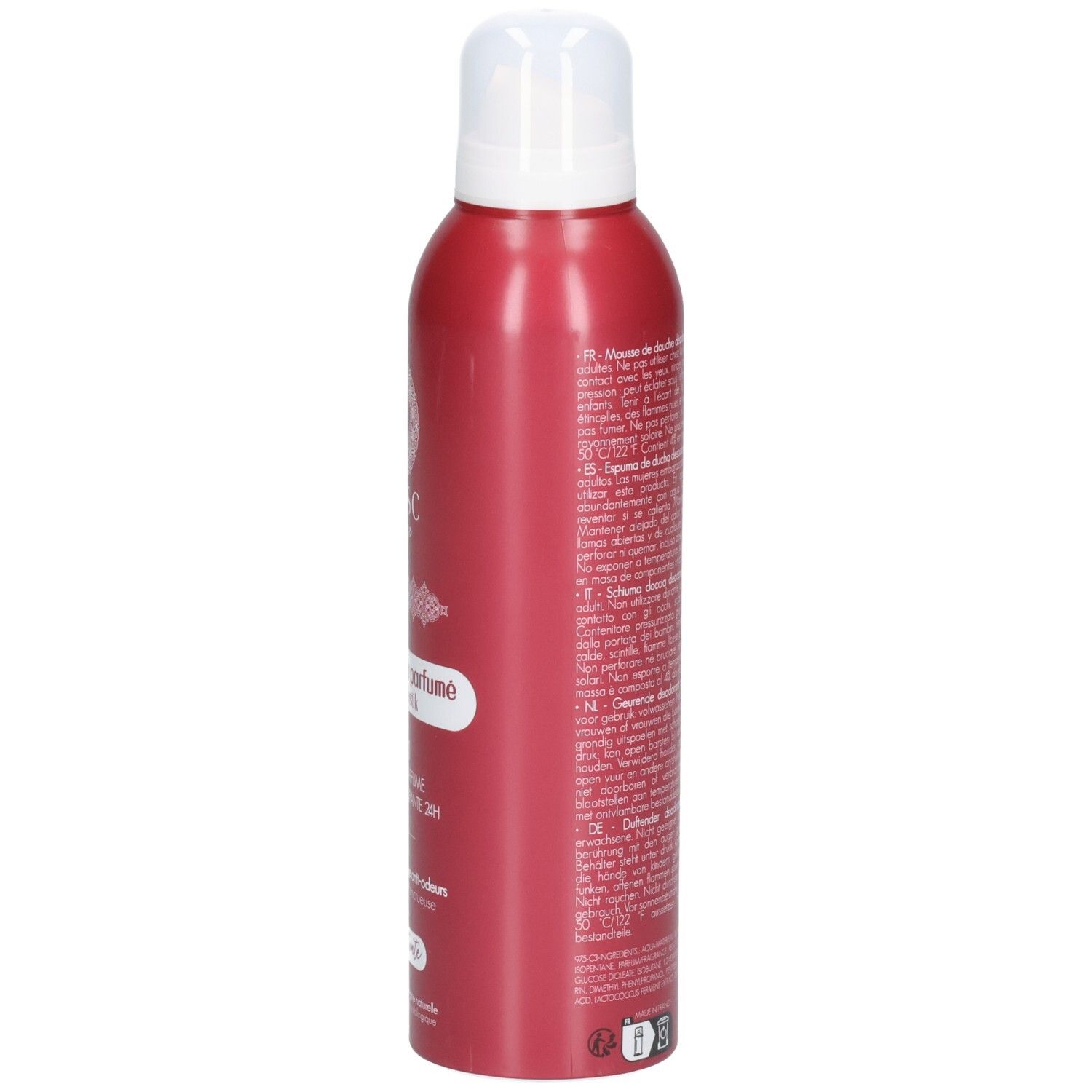 Flacon rouge avec bouchon blanc. Texte sur le côté. Nom du produit: Déo douche parfumé Rose Mystik.