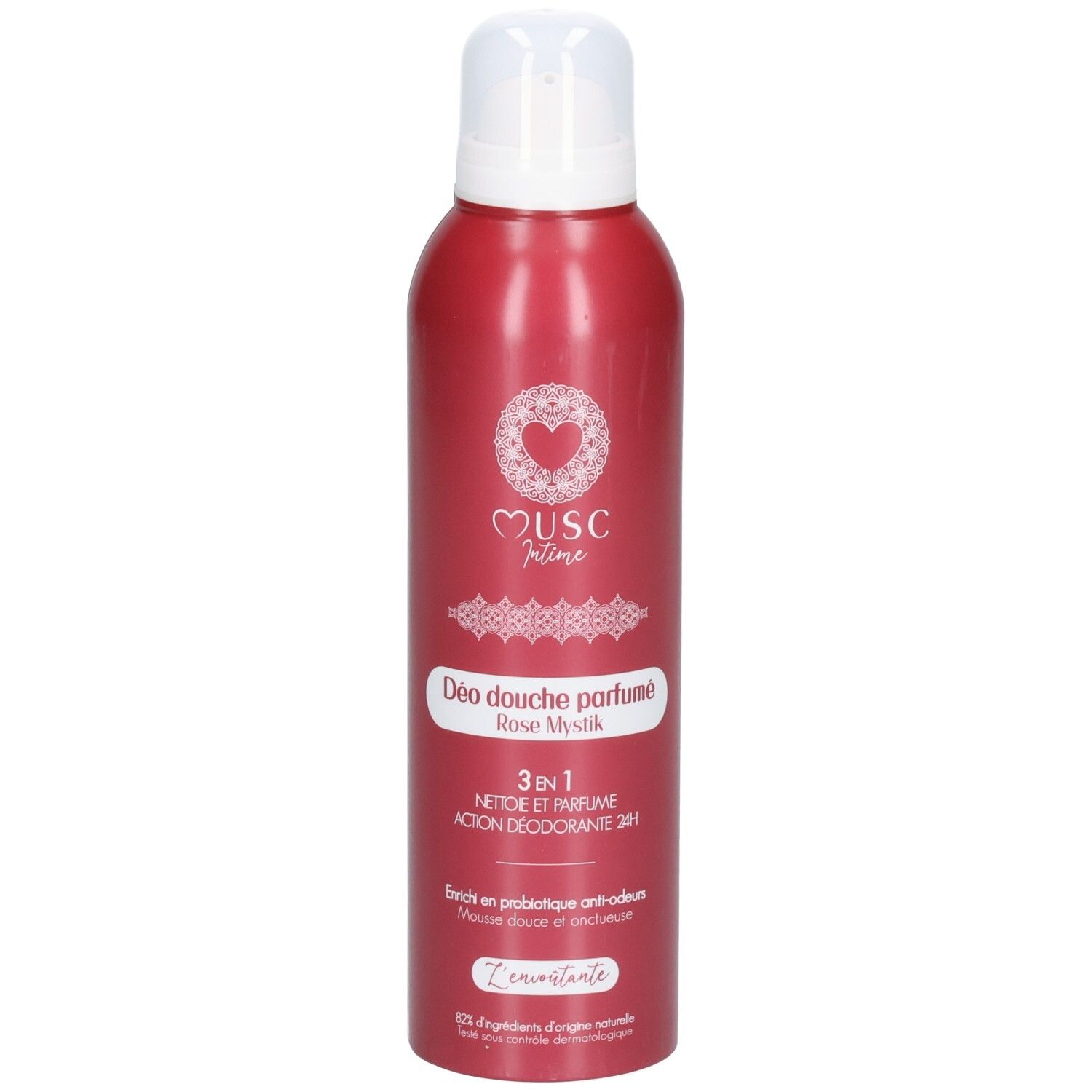 Flacon rouge avec bouchon blanc. Inscription: Musc Intime, Déo douche parfumé Rose Mystik. 3 en 1.