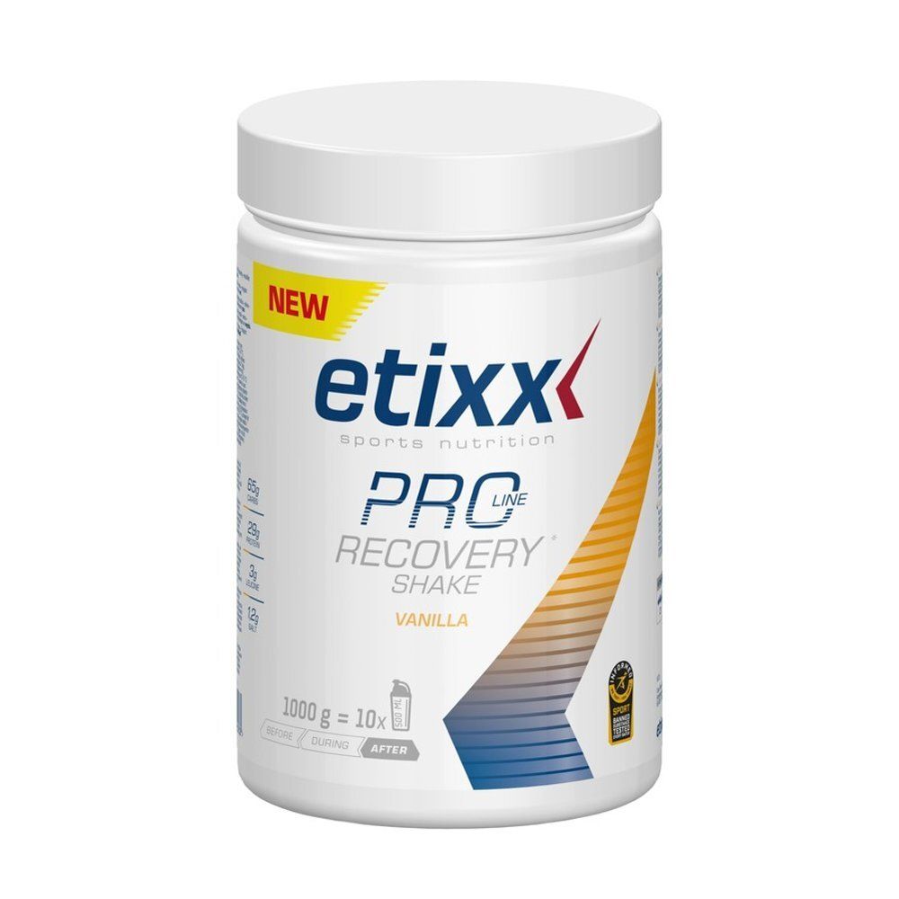 Pot blanc Etixx Pro Line Recovery Shake Vanilla. Inscription "NEW". 1000g. Nutrition sportive.