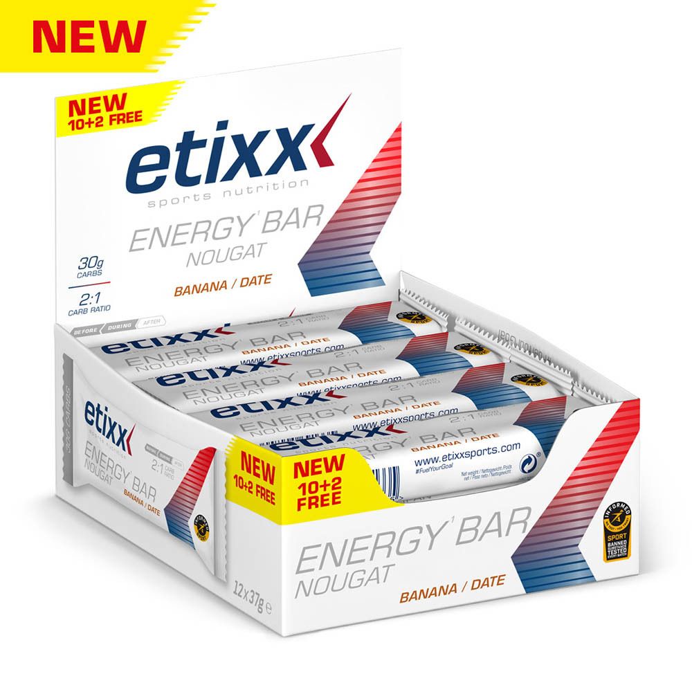 Etixx Energy Bar Nougat Banane/Date. Boîte ouverte avec barres. 10+2 gratuits.