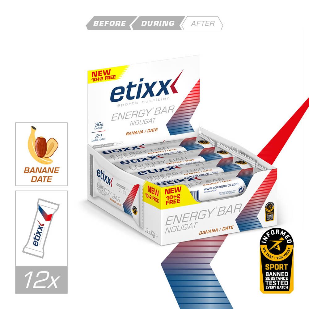 Etixx Energy Bar Nougat Banane/Date. Barre individuelle, texte et diagrammes.