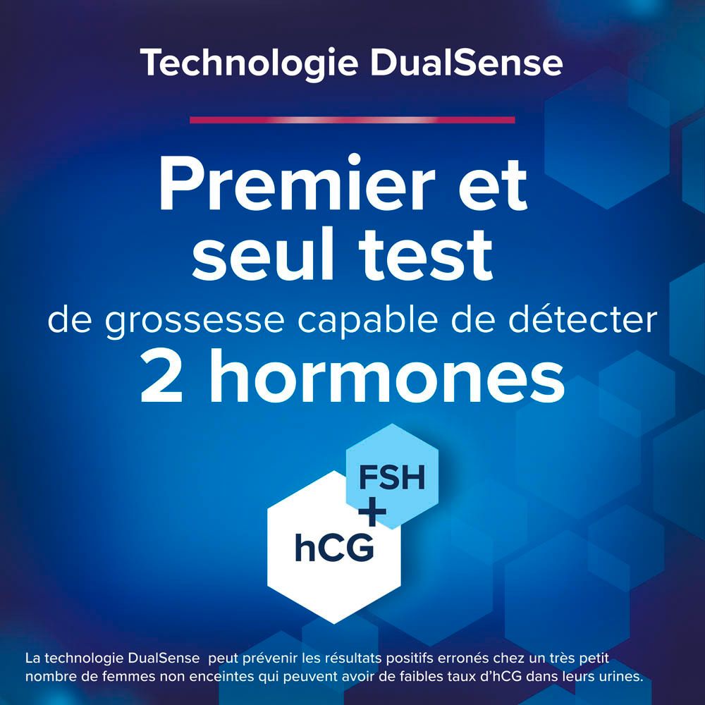 Gros plan d'un test de grossesse Clearblue. Montre des bandelettes et le texte: 2 hormones.