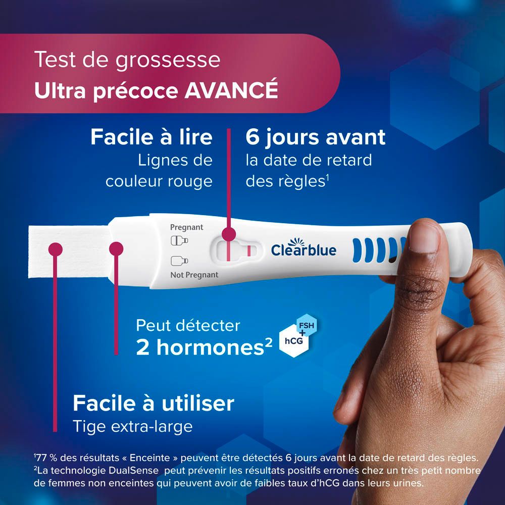Test de grossesse Clearblue. Montre des bandelettes et le texte: 6 jours plus tôt, HCG.