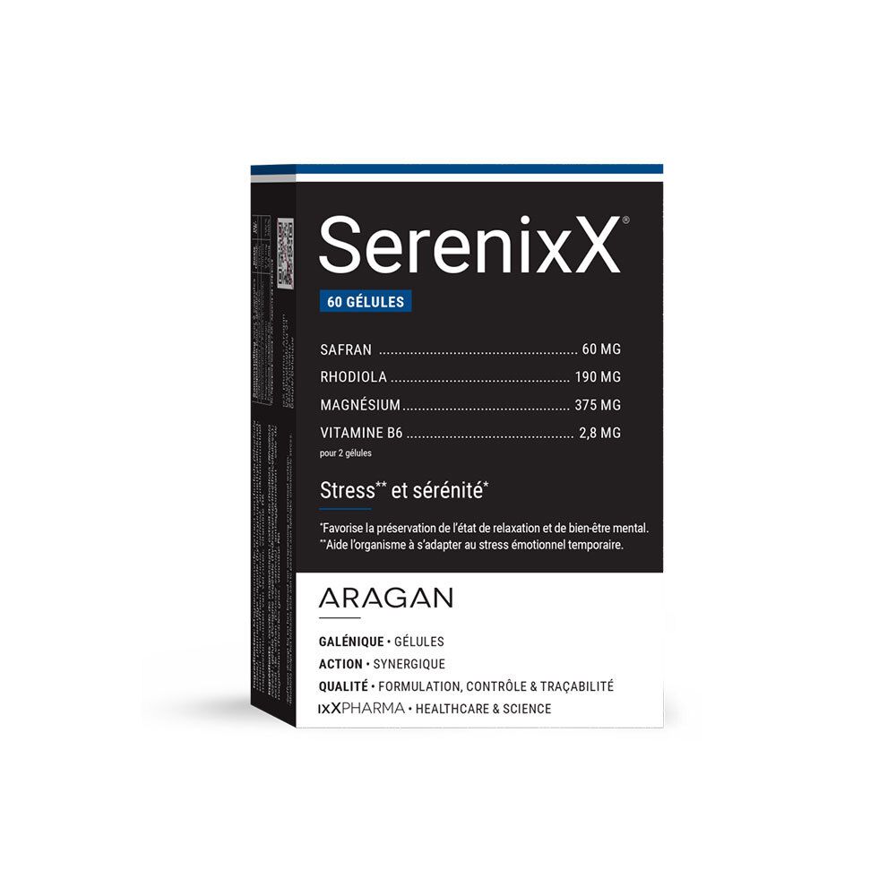 Boîte SerenixX, 60 gélules. Contient safran, rhodiola, magnésium, vitamine B6. Texte: Stress et sérénité.