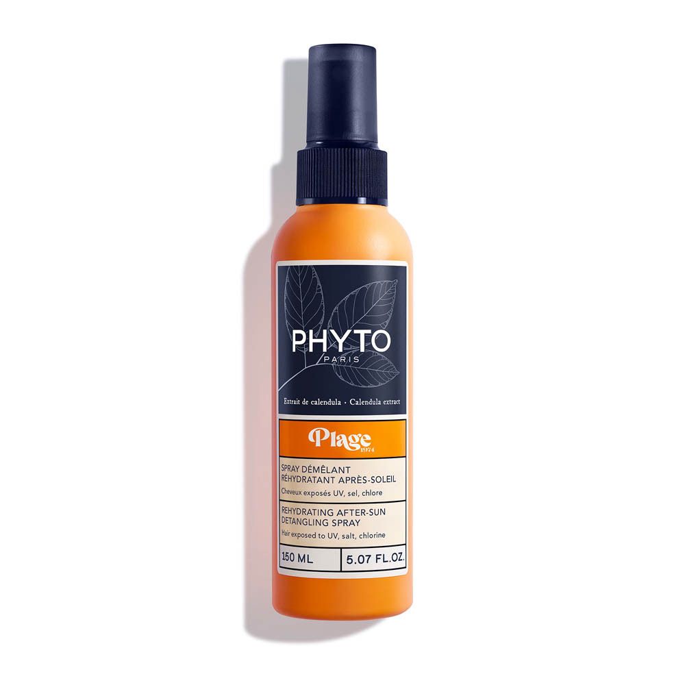 Flacon orange avec vaporisateur bleu. Inscription: Phyto Paris, Plage, Spray Démêlant Réhydratant Après-Soleil.