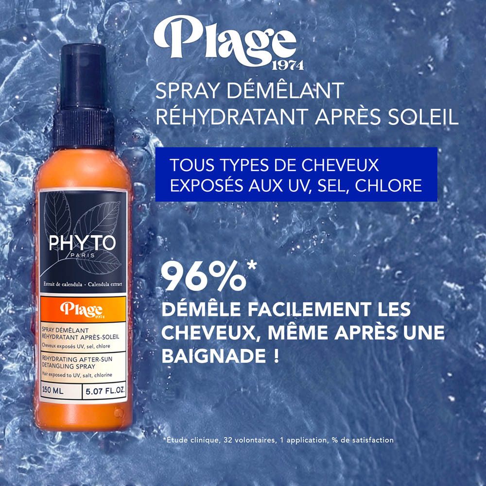 Flacon devant fond bleu. Texte: Phyto Paris, Plage, Spray Démêlant Réhydratant Après-Soleil.