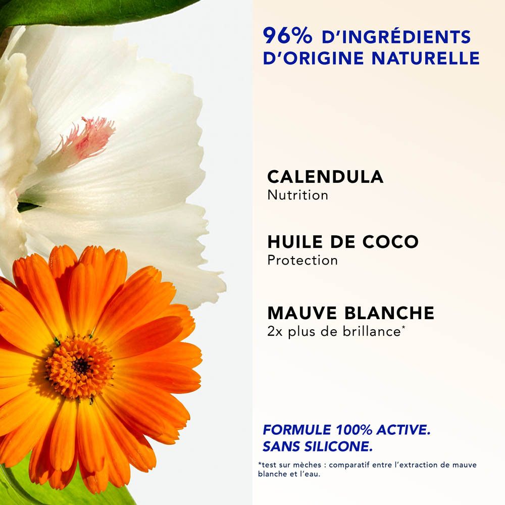 Gros plan sur fleurs et ingrédients. Texte: Calendula, Huile de Coco, Mauve Blanche. Formule 100% Active.