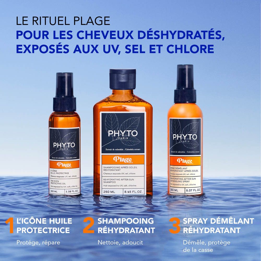 Trois produits dans l'eau. Texte: Le rituel plage. 1. Huile protectrice. 2. Shampooing. 3. Spray démêlant.