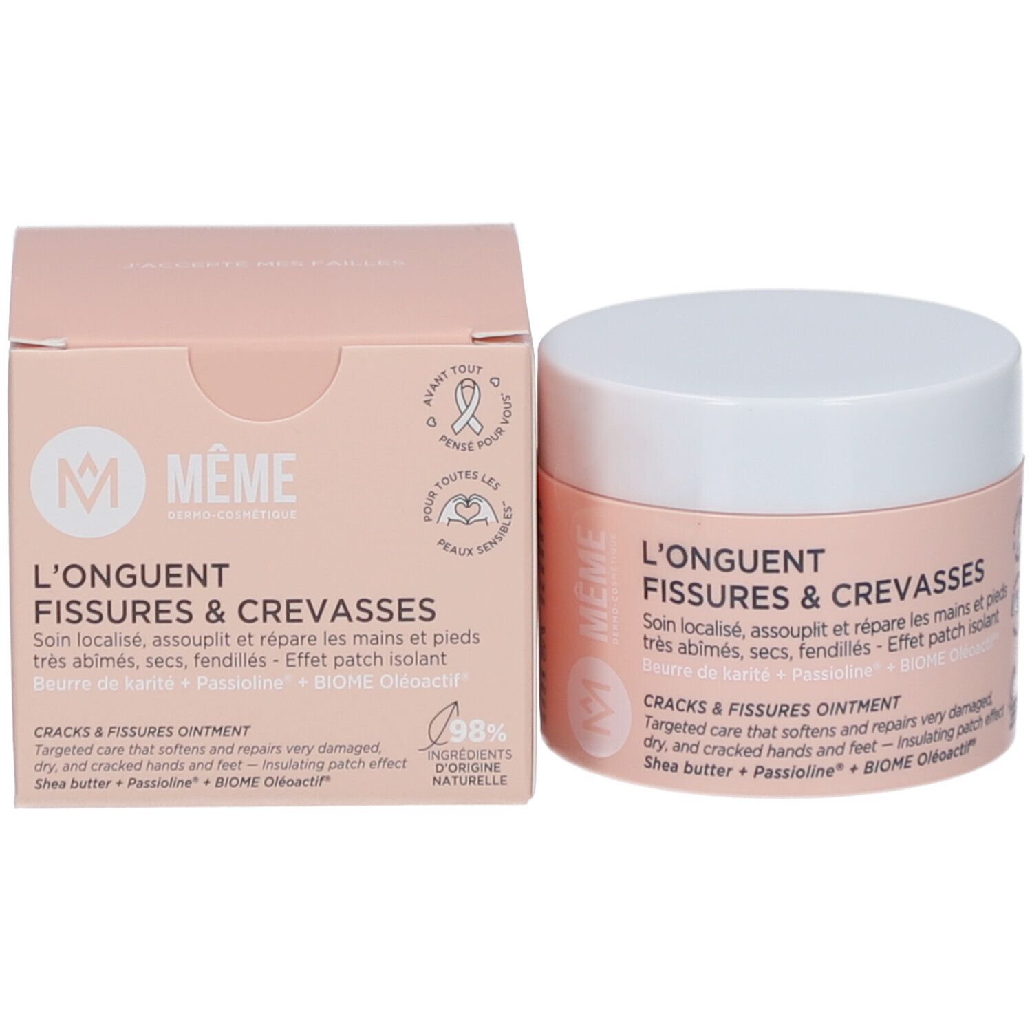 Pot de crème et boîte. Inscription: L'ONGUENT FISSURES & CREVASSES. Marque: MÊME. Emballage rose avec informations.