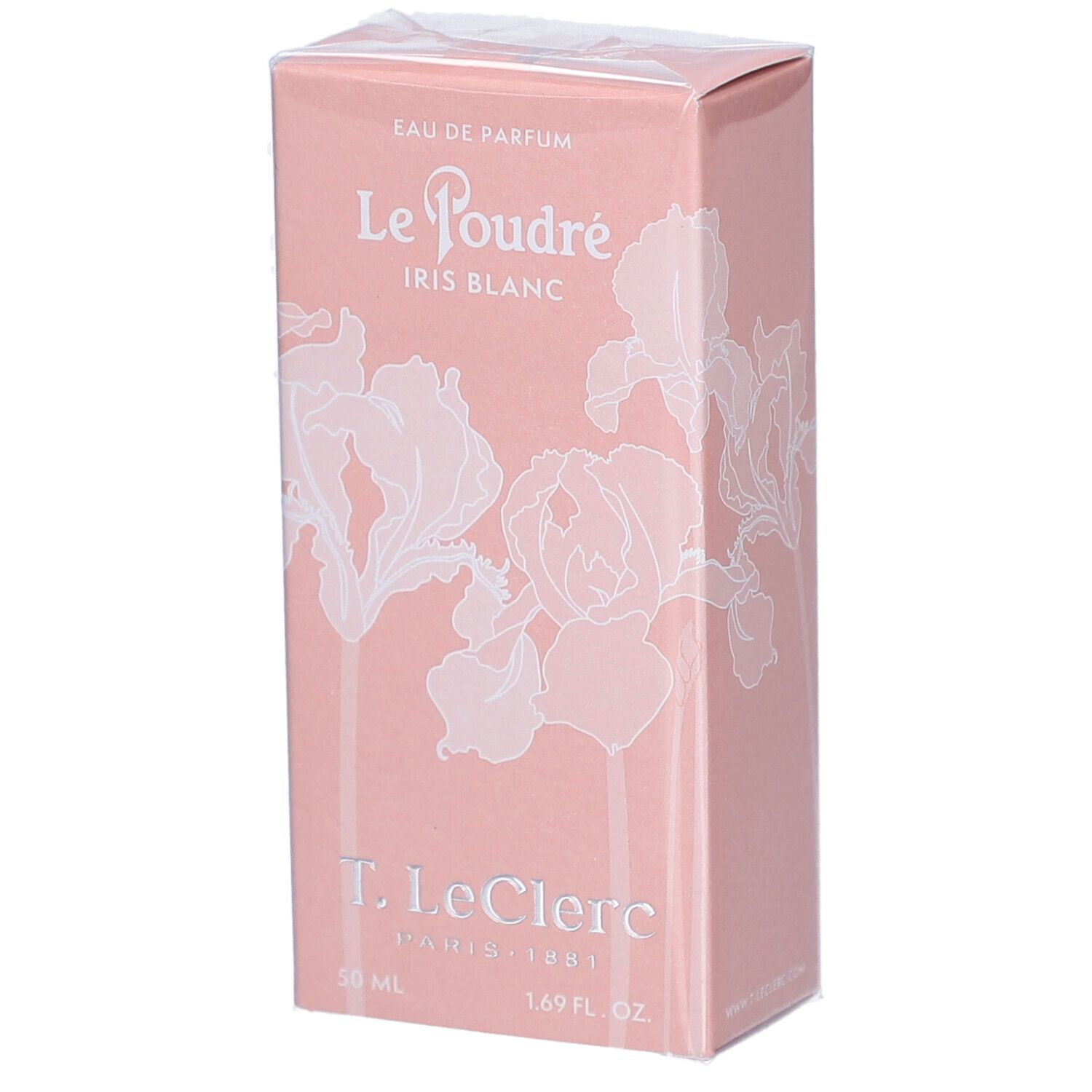 Boîte rose avec décor floral blanc. Texte: Eau de Parfum, Le Poudré Iris Blanc, T. LeClerc, 50 ml, 1.69 fl. oz.