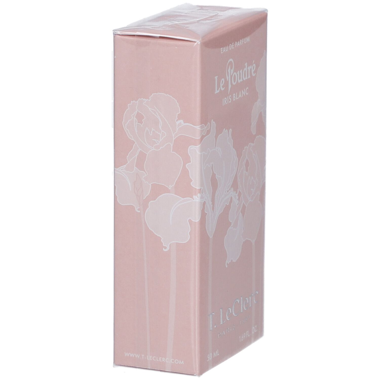 Boîte rose avec décor floral blanc. Texte: Eau de Parfum, Le Poudré Iris Blanc, T. LeClerc.