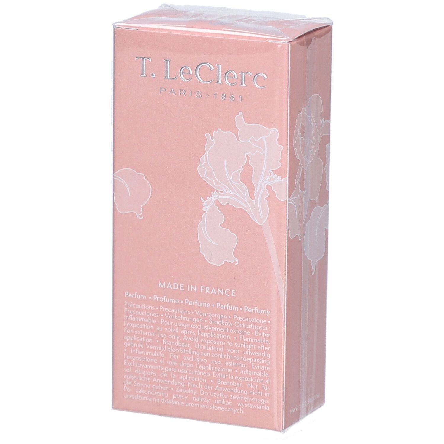 Boîte rose avec décor floral blanc. Texte: Made in France, T. LeClerc.