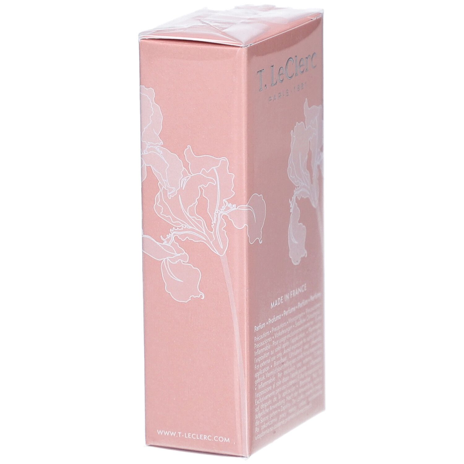 Boîte rose avec décor floral blanc. Texte: Made in France, T. LeClerc.