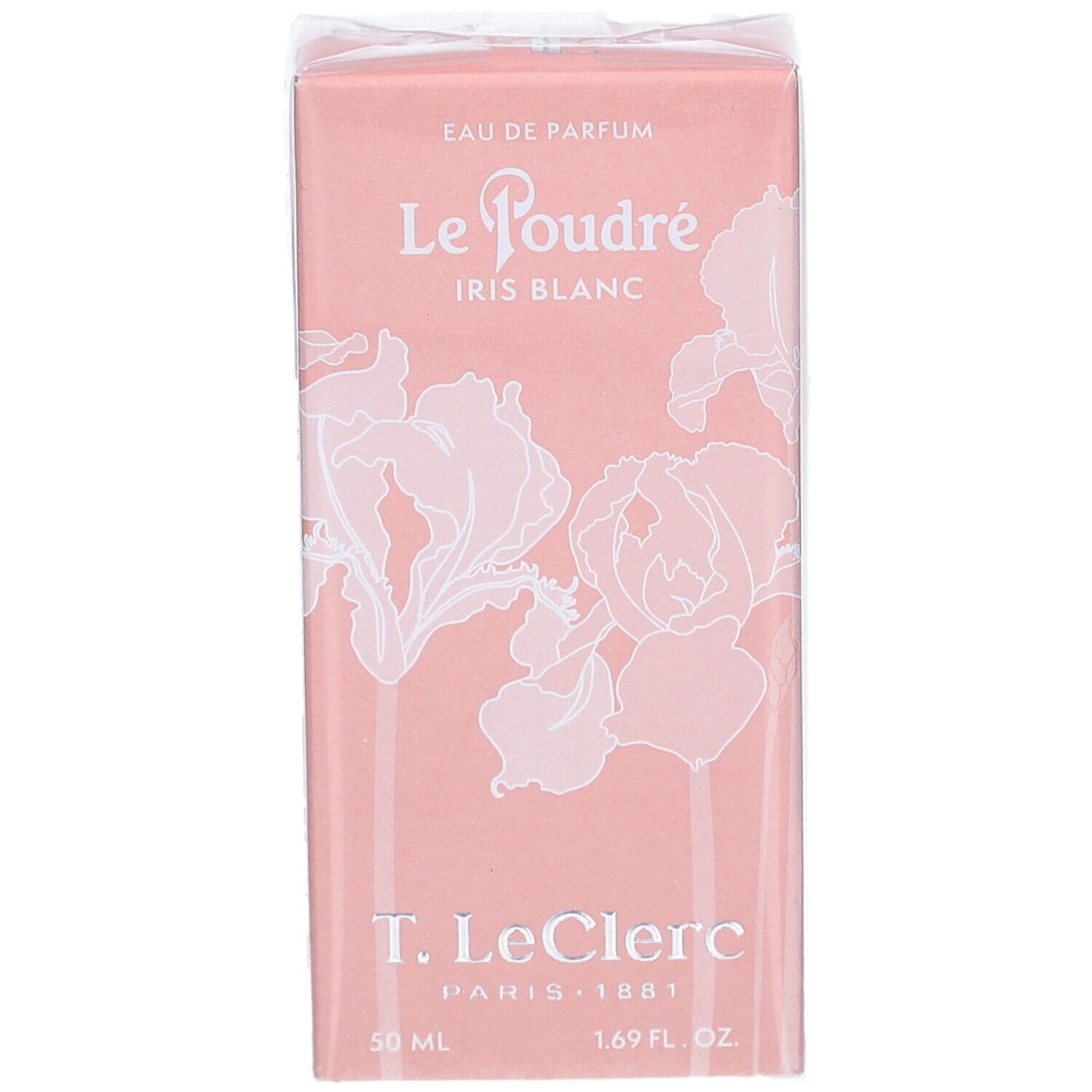 Boîte rose avec décor floral blanc. Texte: Eau de Parfum, Le Poudré Iris Blanc, T. LeClerc, 50 ml, 1.69 fl. oz.
