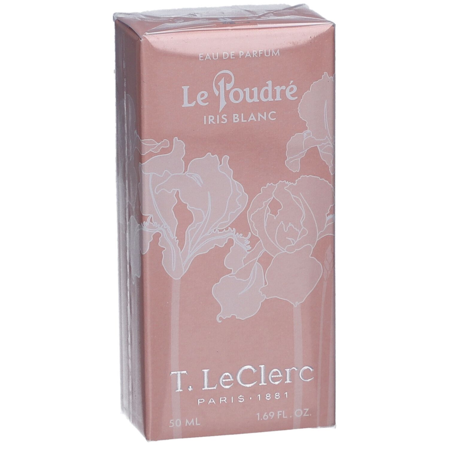 Boîte rose avec décor floral blanc. Texte: Eau de Parfum, Le Poudré Iris Blanc, T. LeClerc, 50 ml, 1.69 fl. oz.