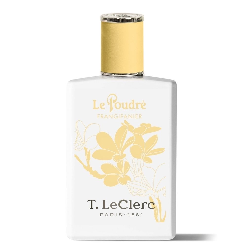 Flacon T. LeClerc Eau de Parfum Le Poudré Frangipanier avec bouchon jaune.