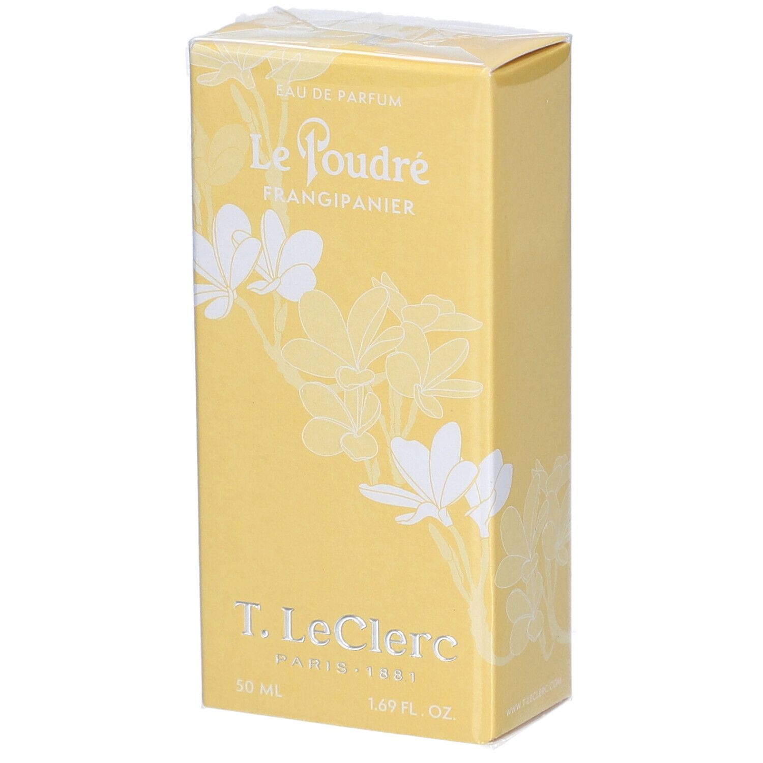 Boîte jaune avec décor floral blanc. Inscriptions : Le Poudré Frangipanier, T. LeClerc, 50 ml, 1.69 fl. oz.