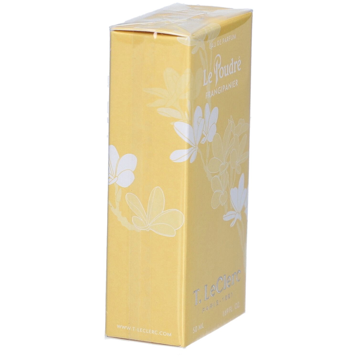 Boîte jaune avec décor floral blanc. Inscriptions : Le Poudré Frangipanier, T. LeClerc, 50 ml, 1.69 fl. oz.