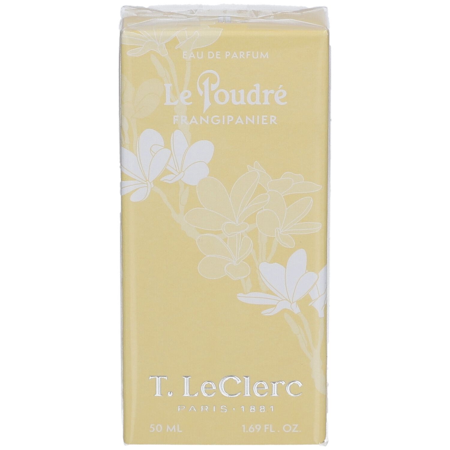 Boîte jaune avec décor floral blanc. Inscriptions : Le Poudré Frangipanier, T. LeClerc, 50 ml, 1.69 fl. oz.