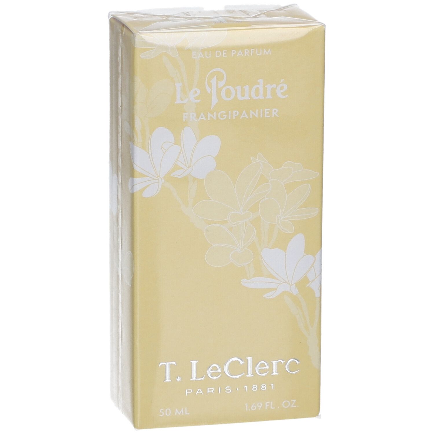 Boîte jaune avec décor floral blanc. Inscriptions : Le Poudré Frangipanier, T. LeClerc, 50 ml, 1.69 fl. oz.