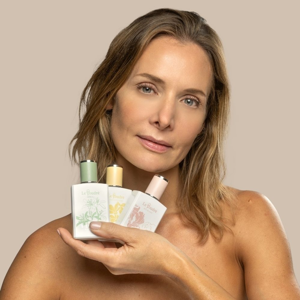 Flacon T. LeClerc Eau de Parfum Le Poudré Frangipanier avec bouchon jaune.