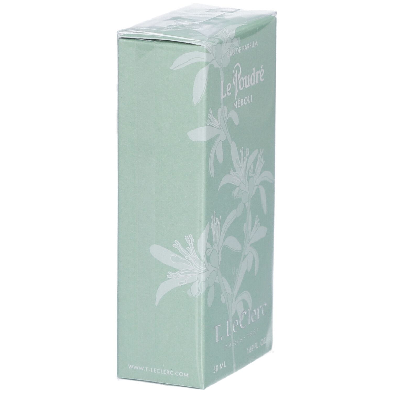 Boîte verte avec motif floral. Texte: Le Poudré Néroli, T. Leclerc, 50 ml, 1.69 fl. oz. Emballée dans du film.