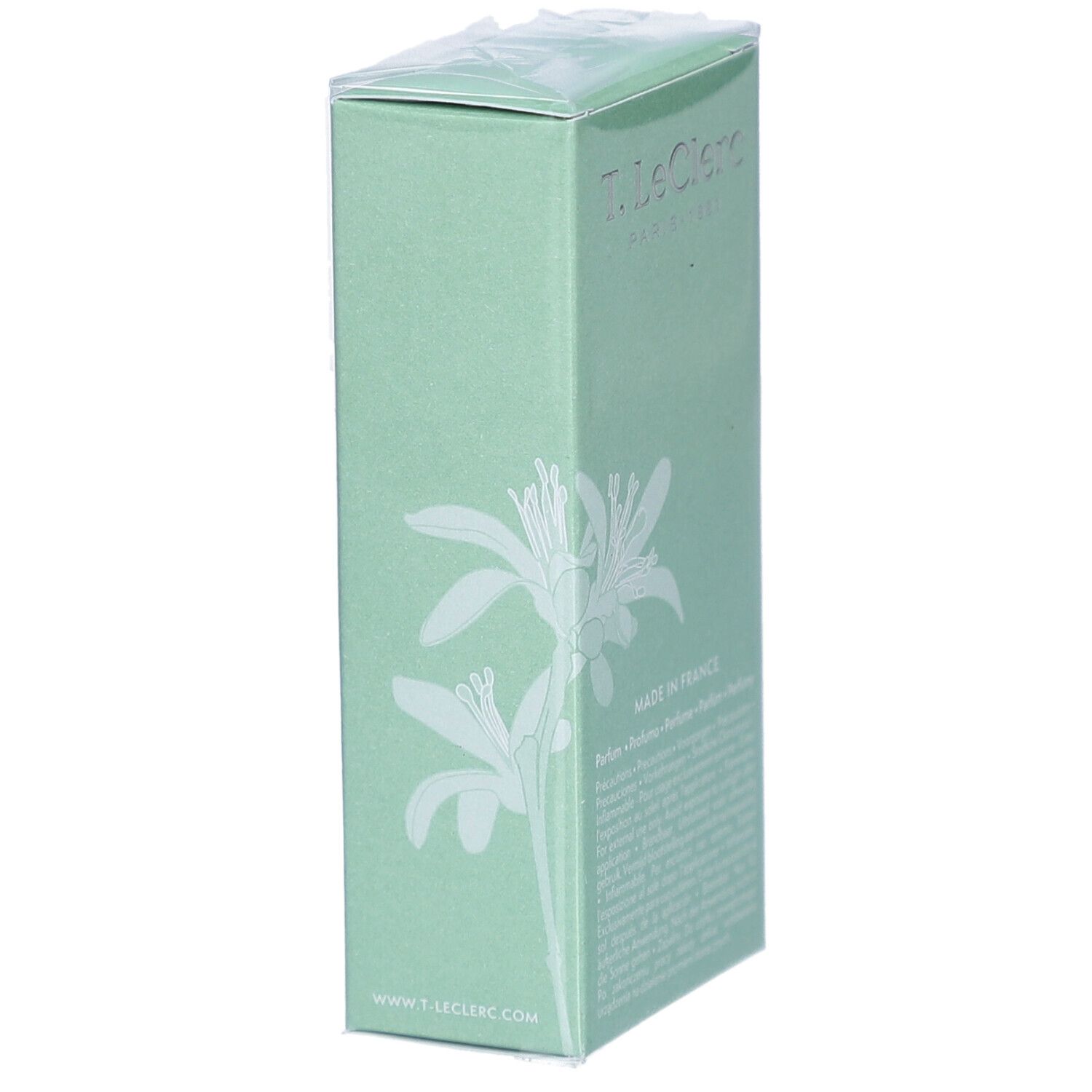 Boîte verte avec motif floral. Texte: T. Leclerc, Made in France. Emballée dans du film.