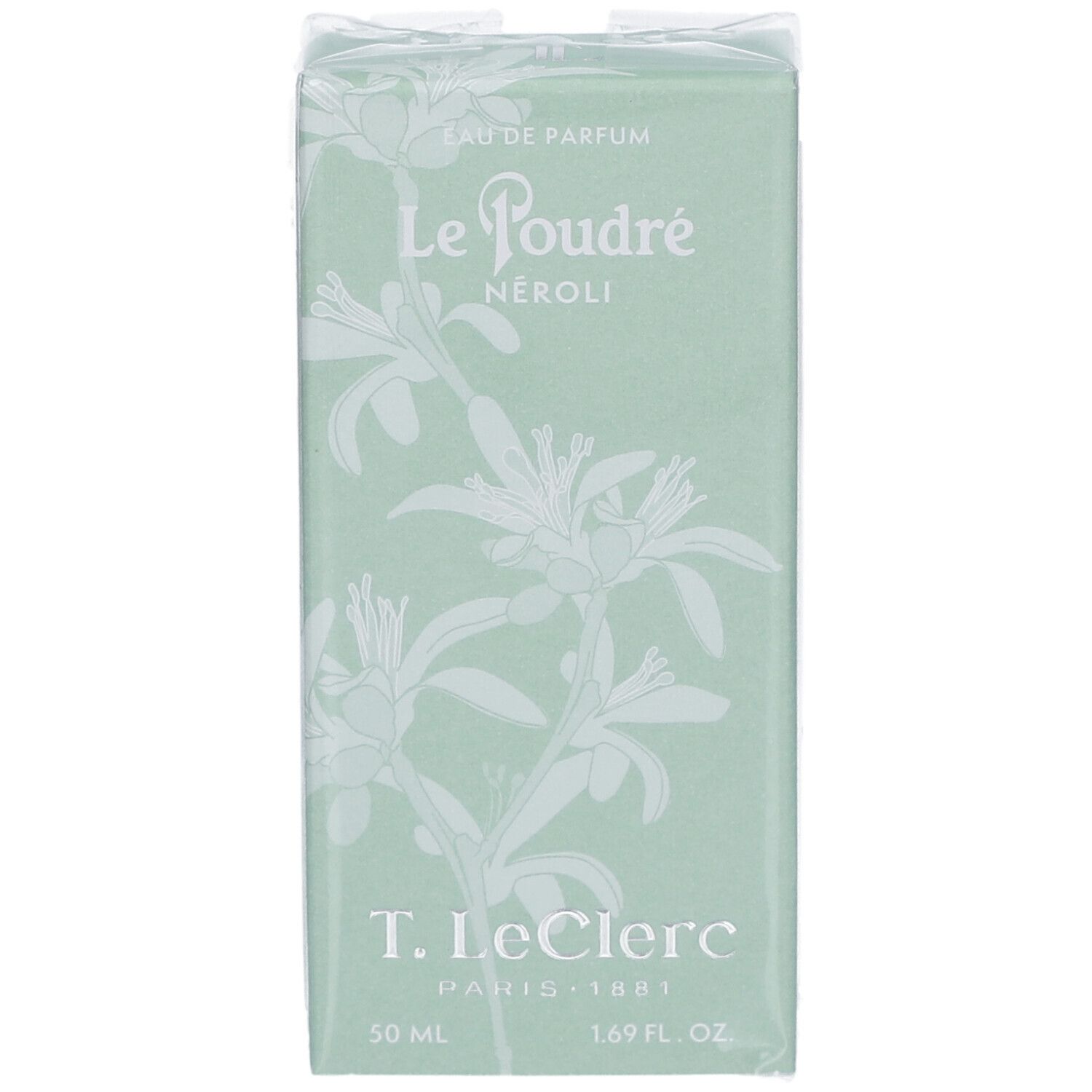 Boîte verte avec motif floral et nom du produit. Texte: Le Poudré Néroli, T. Leclerc, 50 ml, 1.69 fl. oz.