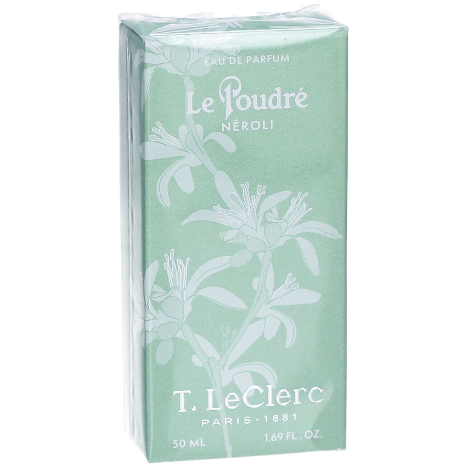 Boîte verte avec motif floral et nom du produit. Texte: Le Poudré Néroli, T. Leclerc, 50 ml, 1.69 fl. oz.