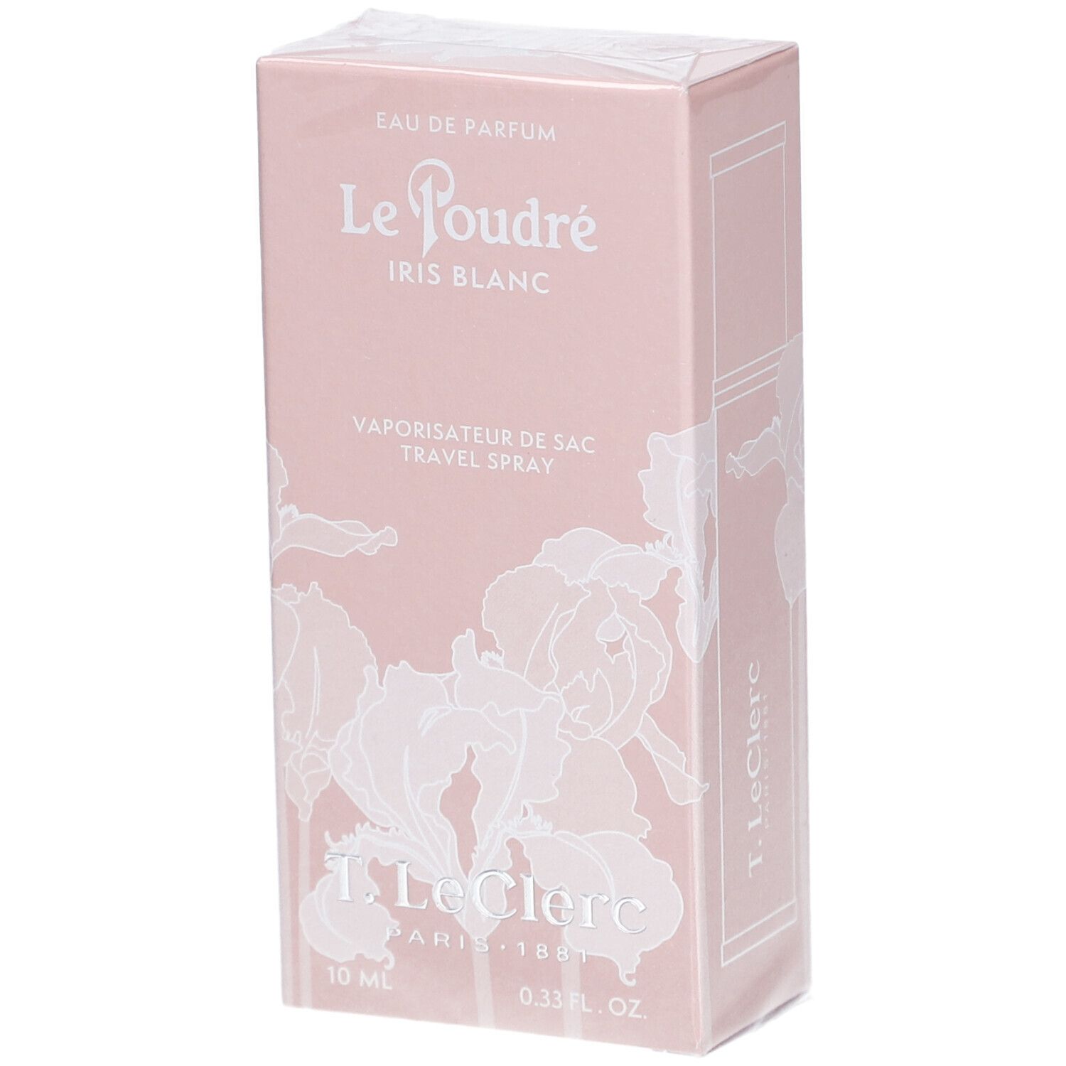 Boîte rose. Inscription: Le Poudré Iris Blanc, Eau de Parfum, Vaporisateur de sac. En bas: T. LeClerc, 10 ml, 0.33 fl. oz.