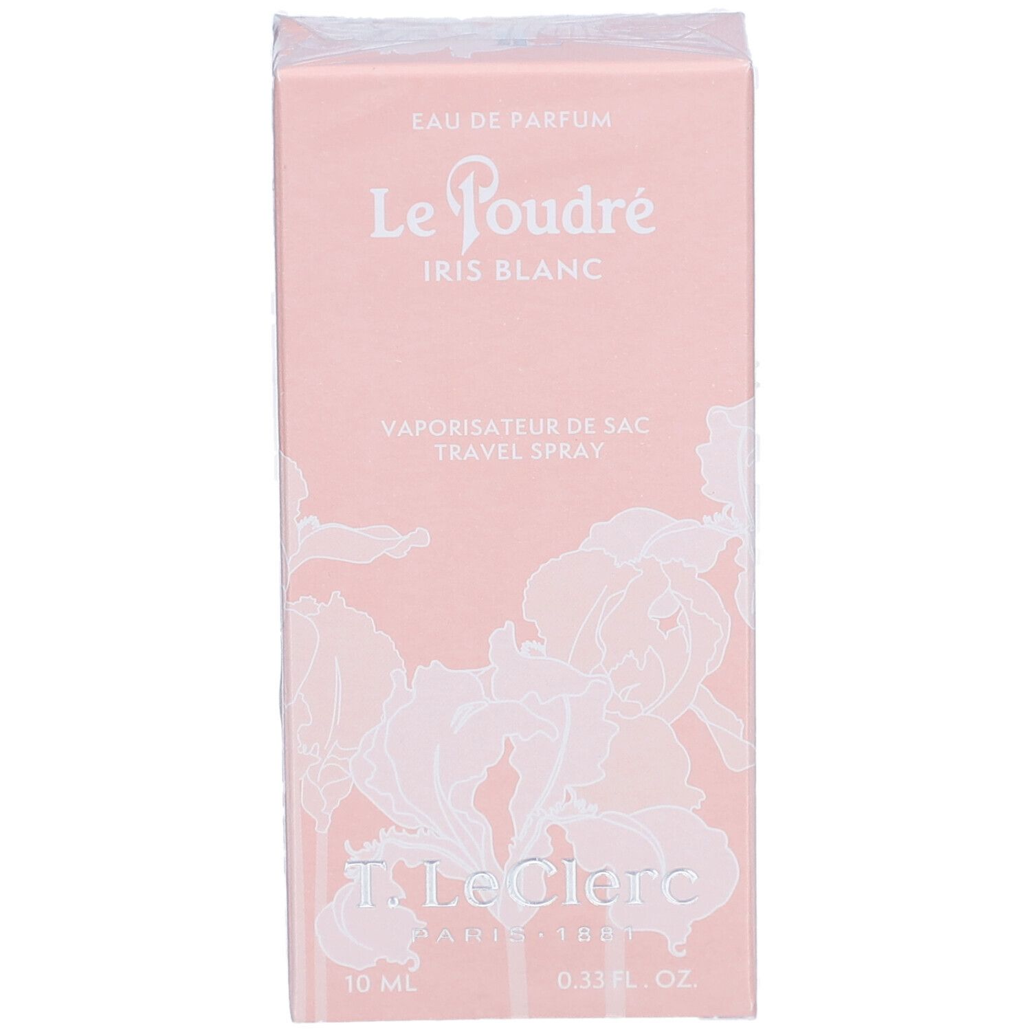 Boîte rose. Inscription: Le Poudré Iris Blanc, Eau de Parfum, Vaporisateur de sac. En bas: T. LeClerc, 10 ml, 0.33 fl. oz.
