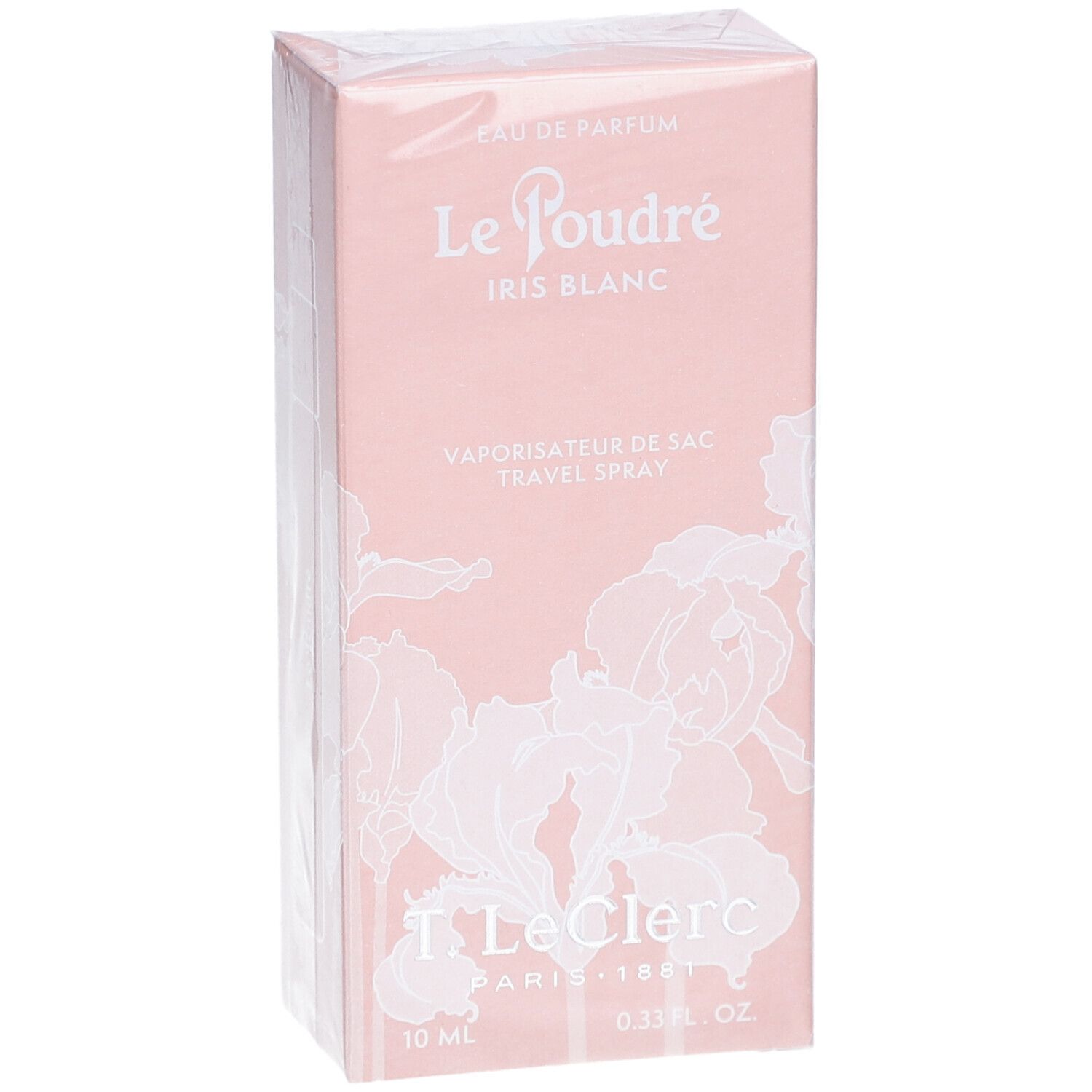 Boîte rose. Inscription: Le Poudré Iris Blanc, Eau de Parfum, Vaporisateur de sac. En bas: T. LeClerc, 10 ml, 0.33 fl. oz.