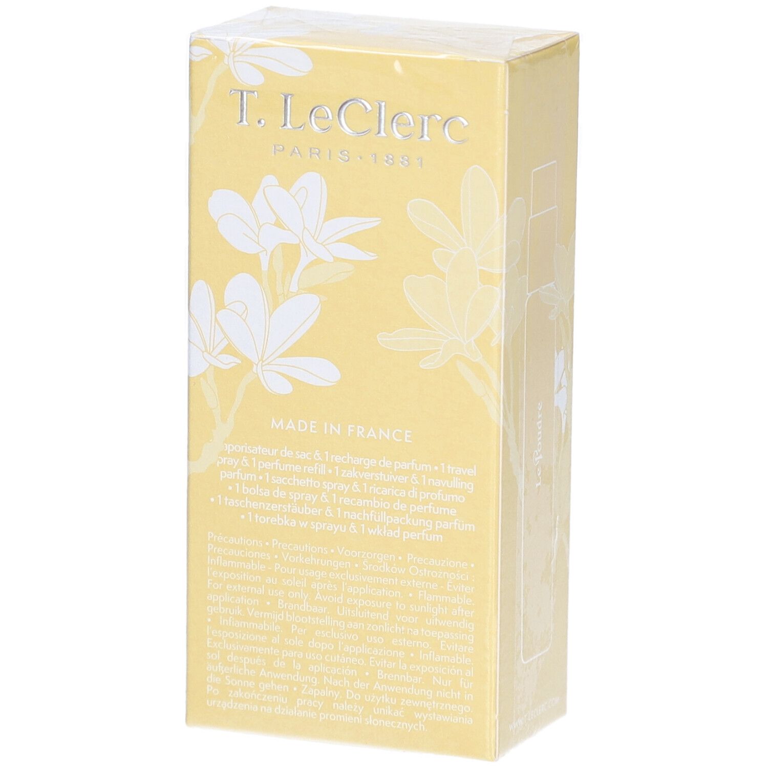 Boîte jaune avec décor floral blanc. Inscription : T. LeClerc Paris 1881, Made in France. Texte multilingue.