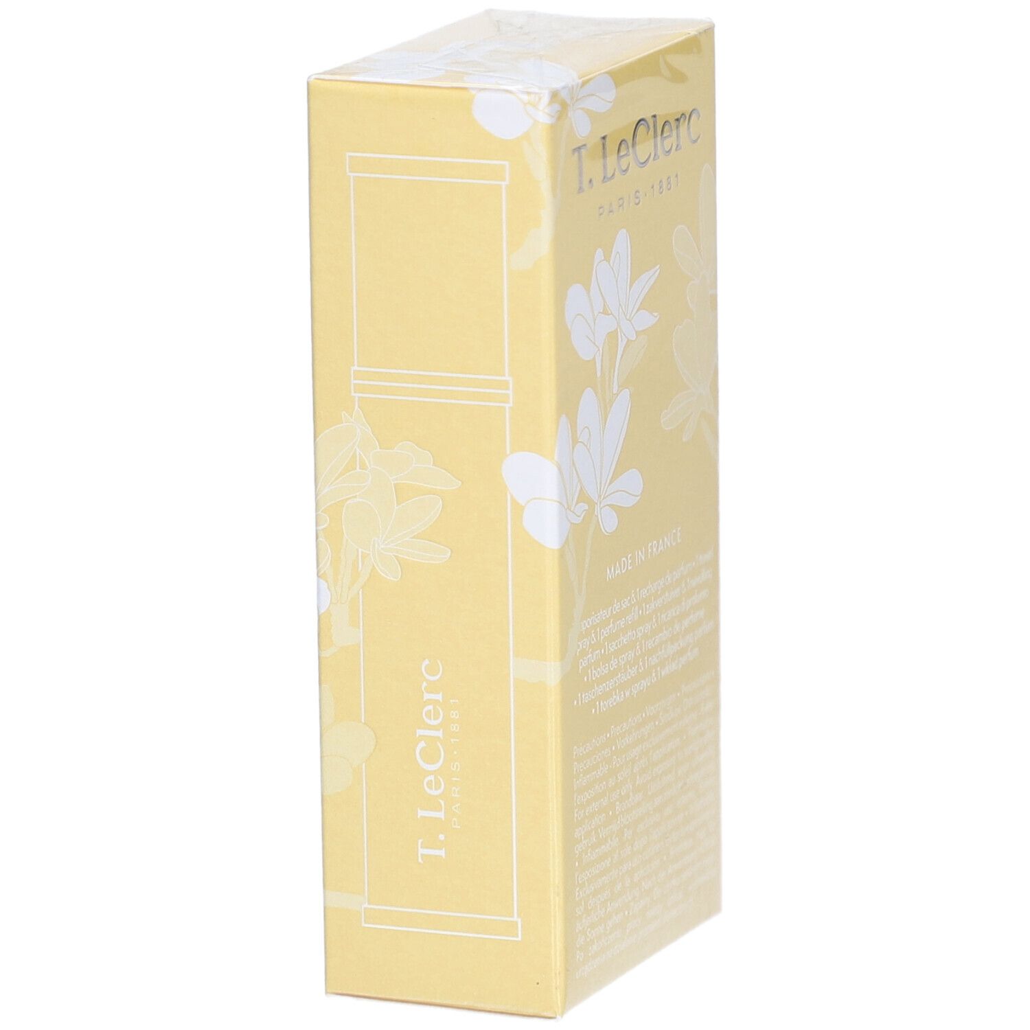 Boîte jaune avec décor floral blanc. Intérieur : flacon. Inscription : T. LeClerc. Emballé dans du film.