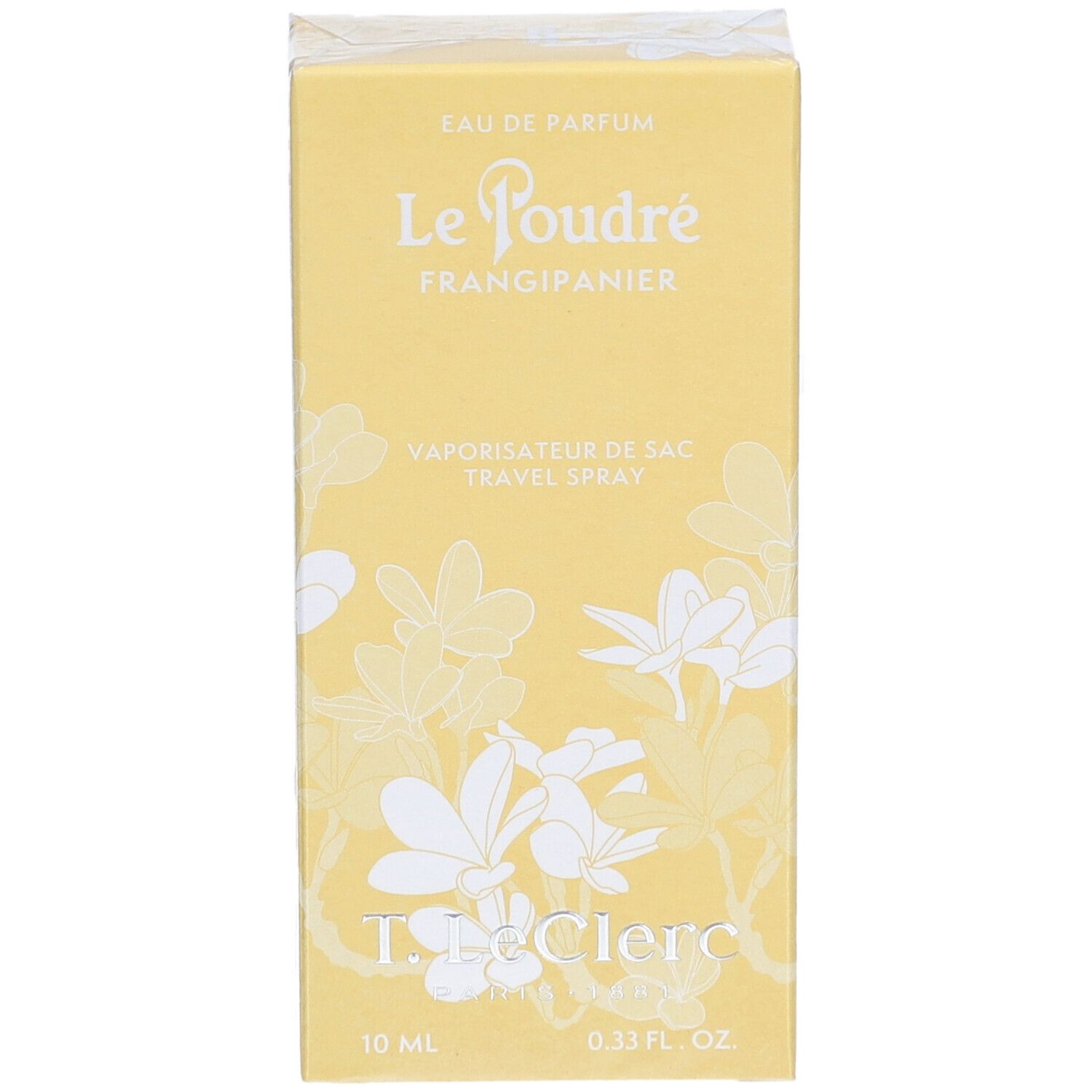 Boîte jaune avec décor floral blanc. Inscription : Le Poudré Frangipanier, T. LeClerc, 10 ml, 0.33 fl. oz.