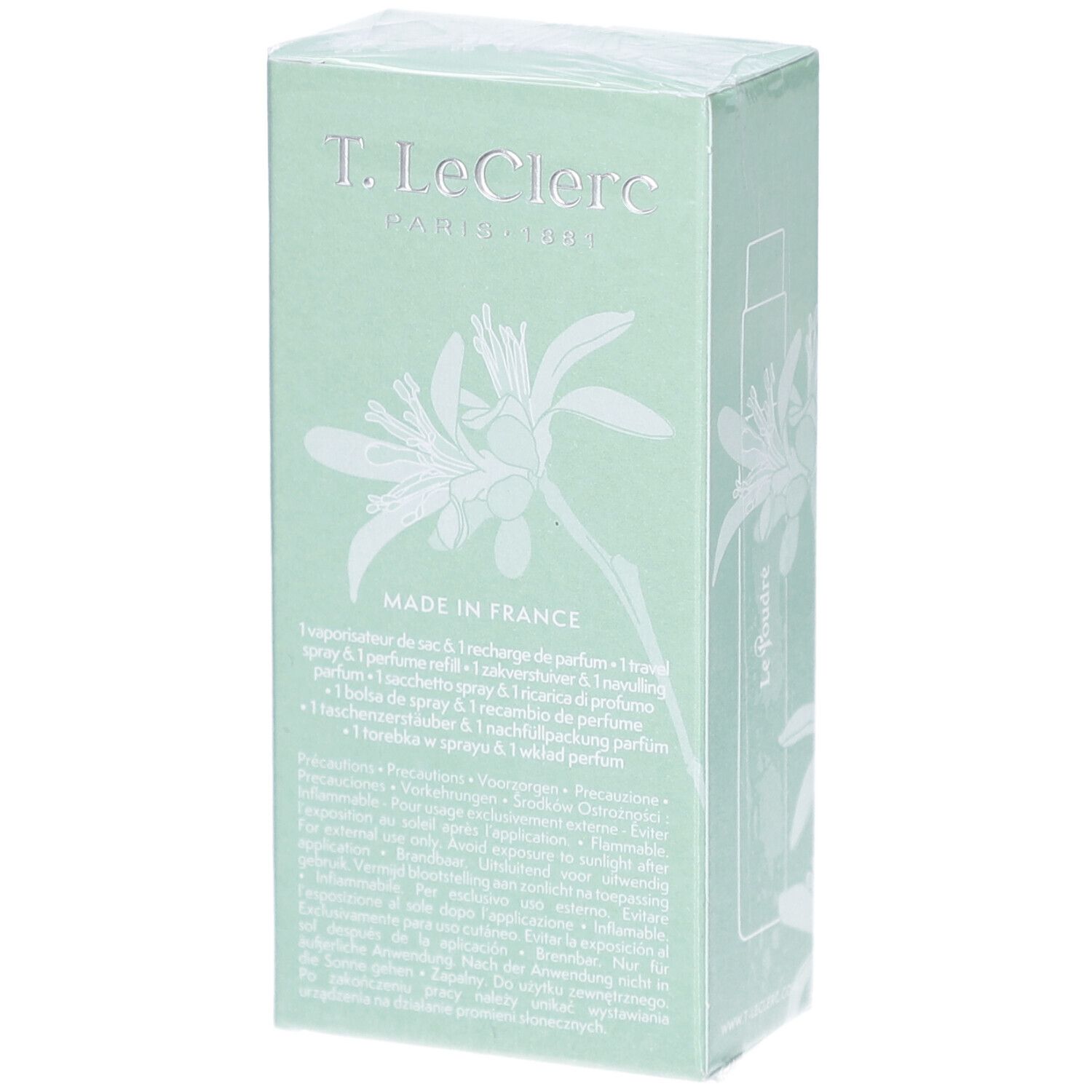 Boîte vert clair. Inscription: T. Leclerc, Paris. Texte: Le Poudré, Iris Blanc. Made in France. Motif floral.