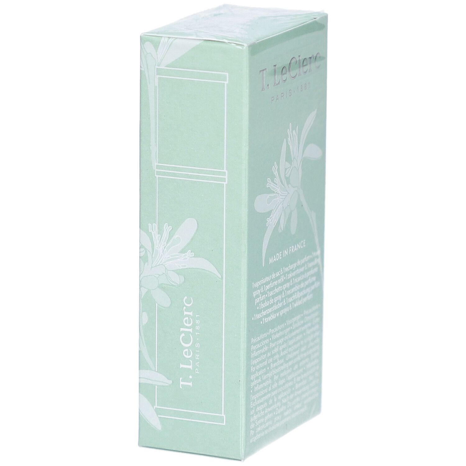 Boîte vert clair. Inscription: T. Leclerc, Paris. Illustration d'un flacon. Made in France. Motif floral.