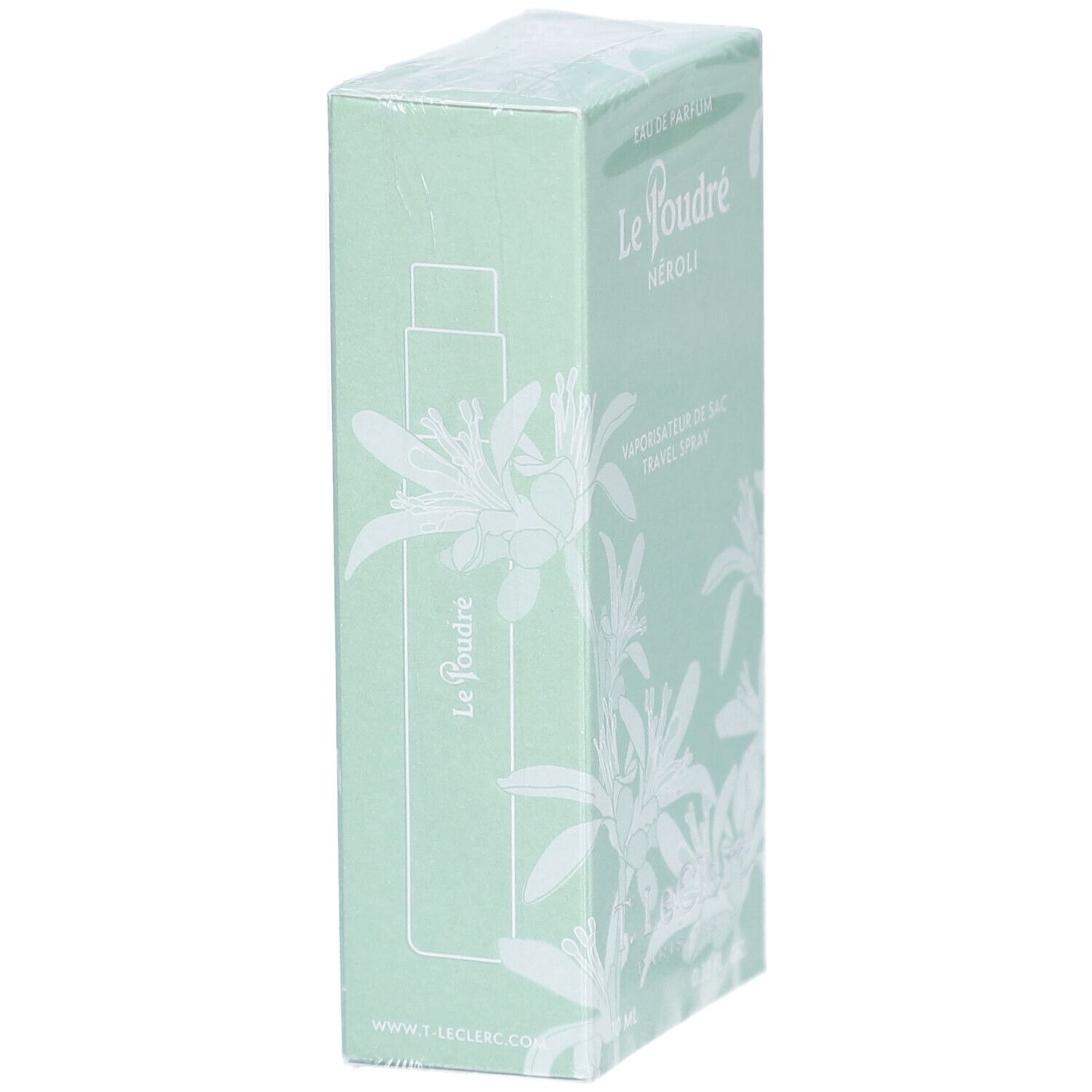 Boîte vert clair. Inscription: T. Leclerc, Paris. Texte: Le Poudré, Vaporisateur de sac. Illustration d'un flacon.