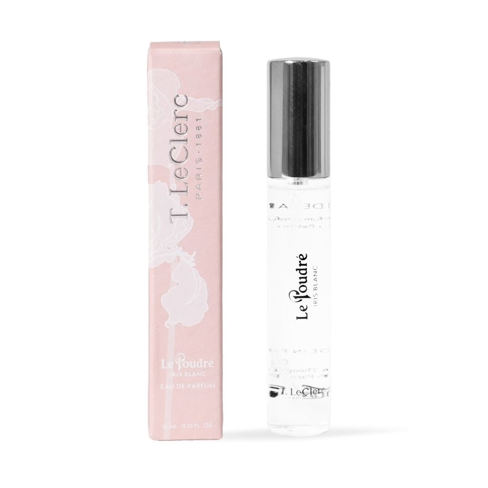 Flacon T.LeClerc Le Poudre White Iris Eau de Parfum à côté de sa boîte.