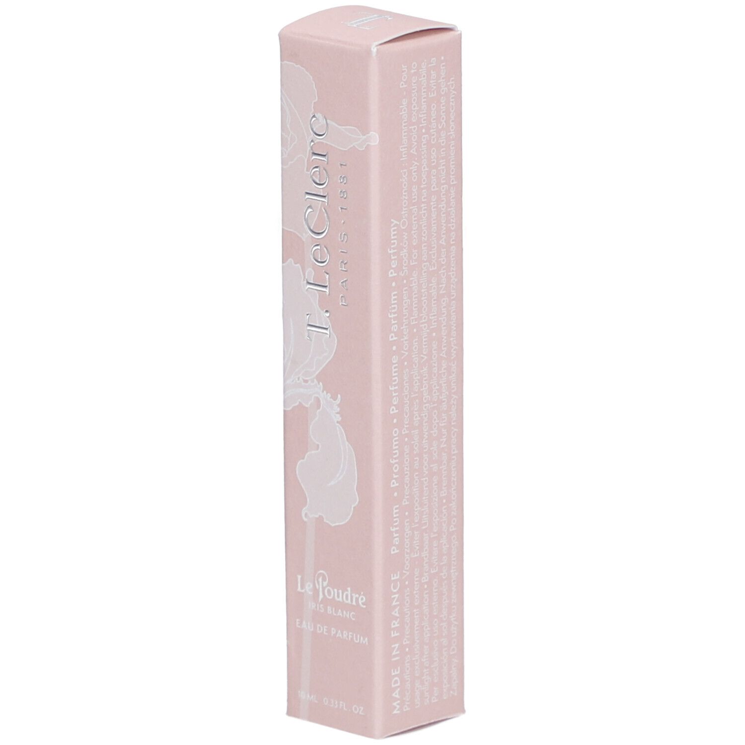 Boîte rose avec motif floral blanc. Texte: T. LeClerc, Le Poudré, Eau de Parfum Iris Blanc. Fabriqué en France.