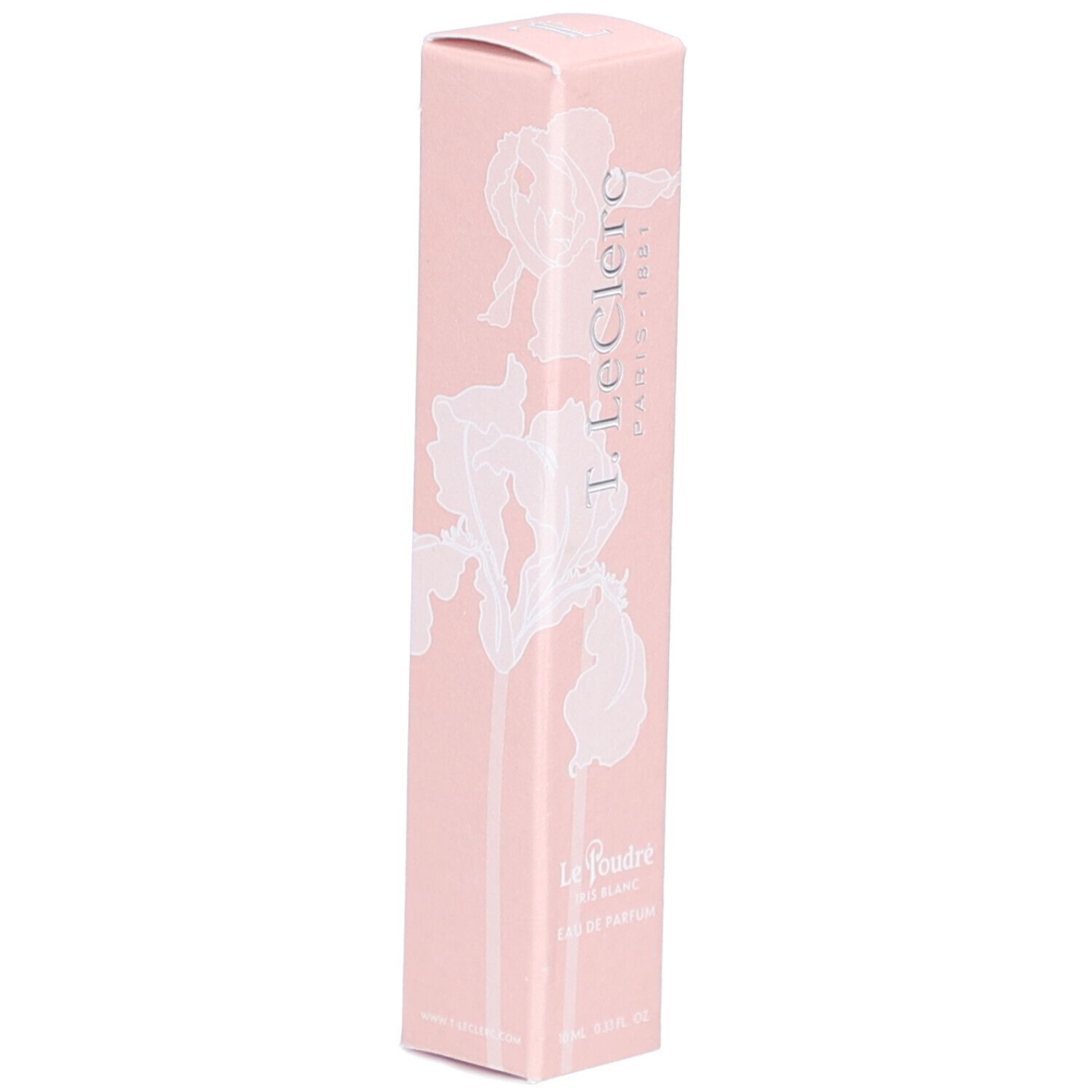 Boîte rose avec motif floral blanc. Texte: T. LeClerc, Le Poudré, Eau de Parfum Iris Blanc.