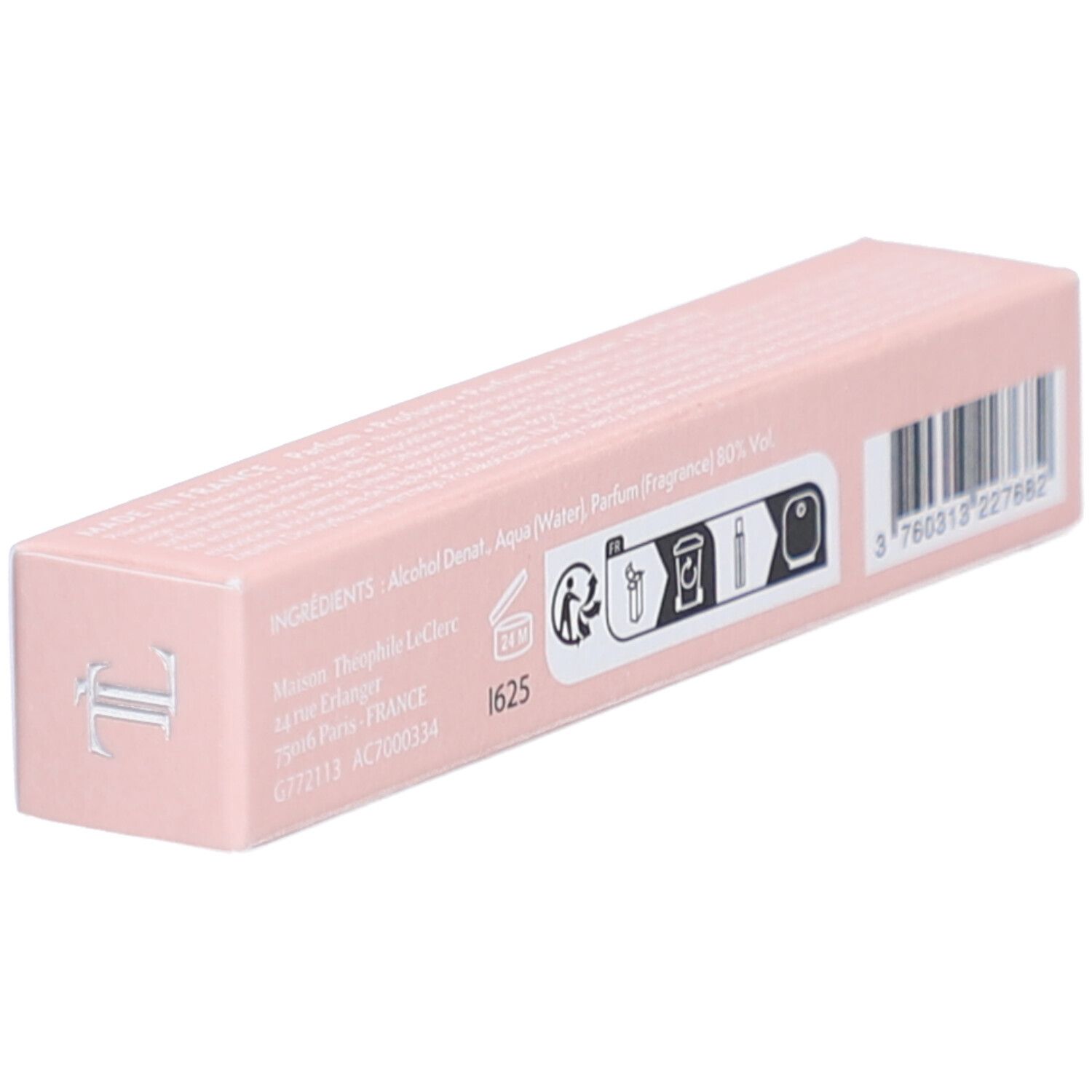 Dos de la boîte rose. Texte: Ingrédients, pictogrammes, code-barres. Fabriqué en France.